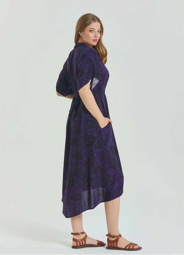 V Neck Pleated Detail Purple Summer Plus Size Dress 4605
